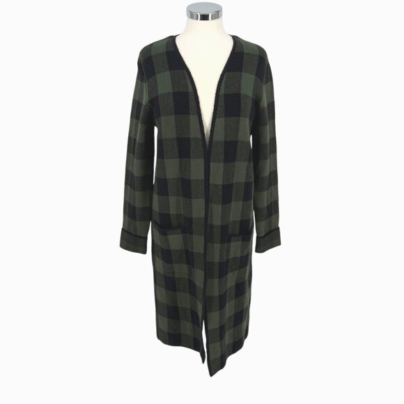 Margeaux & Ellie Plaid Long Open Cardigan Sweater Green Black Size Small - Picture 1 of 12